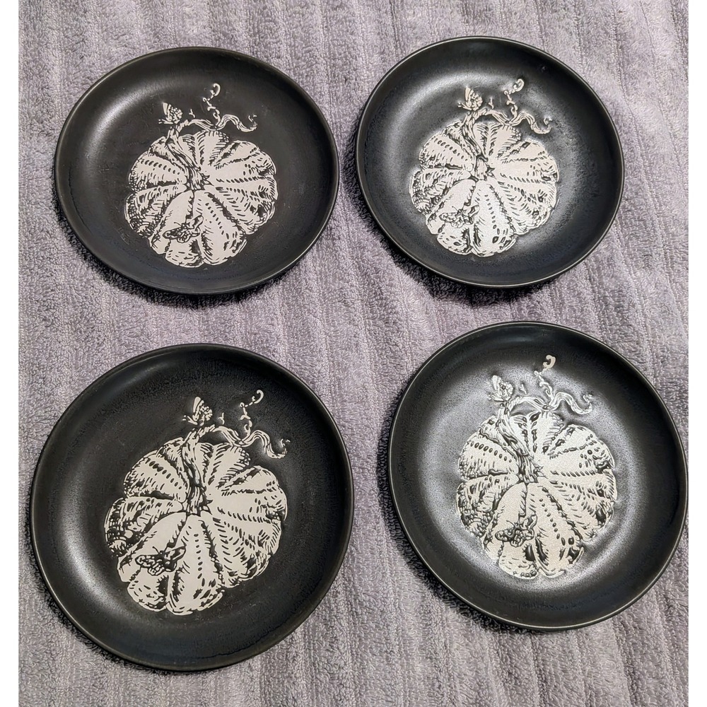 Threshold Appetizer Plates Set of 4 Stoneware Black Embossed Pumpkin Design‎ NEW